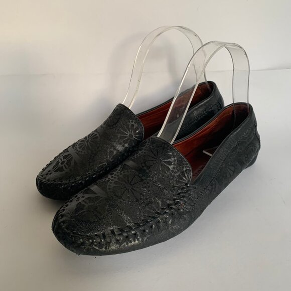 Robert Zur Petra Driving Moccasin Loafer Black Leather Medallion Embossed 7.5 C - Picture 1 of 16